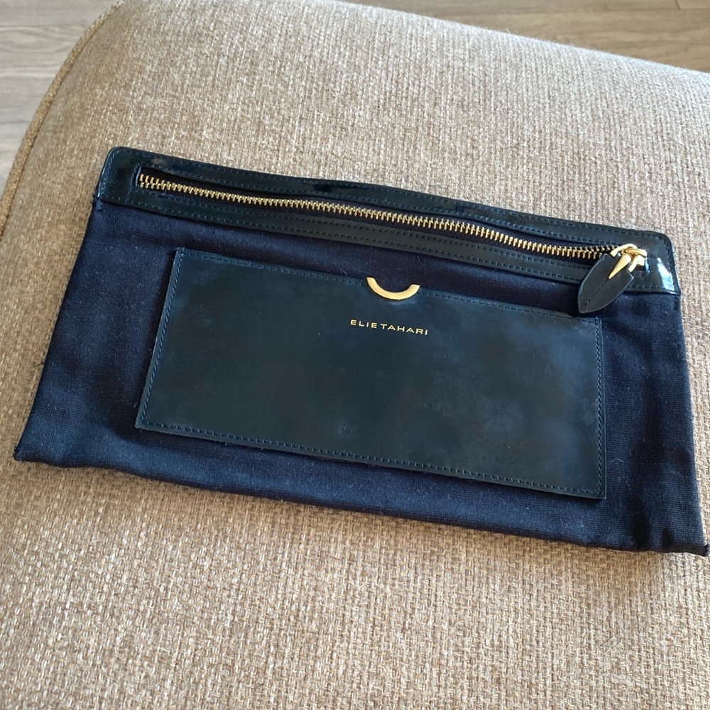 ELIE TAHARI black fabric patent leather deposit pouch purse organizer clutch bag